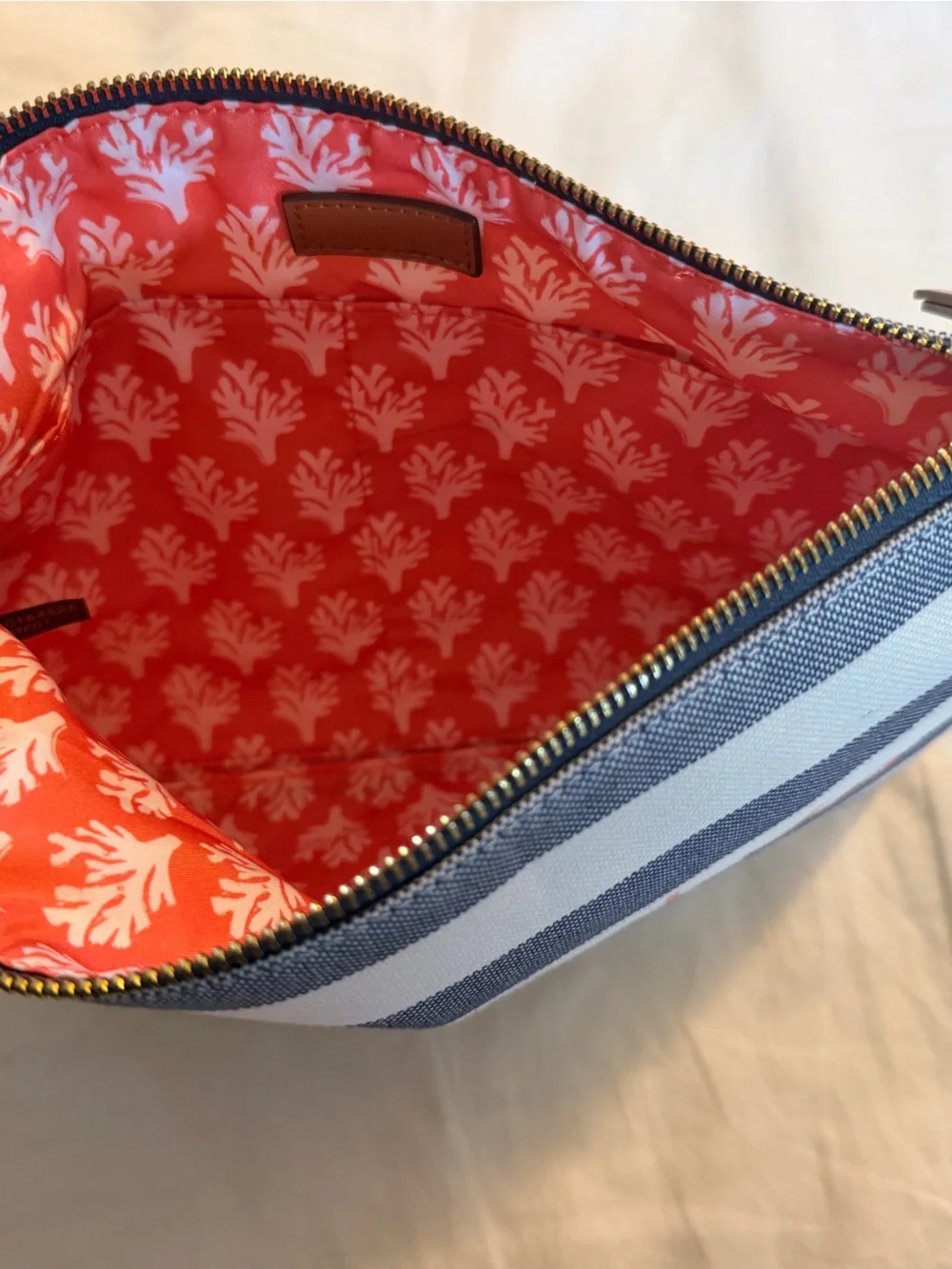 Stella & Dot Striped Canvas Zip Pouch with Coral Script